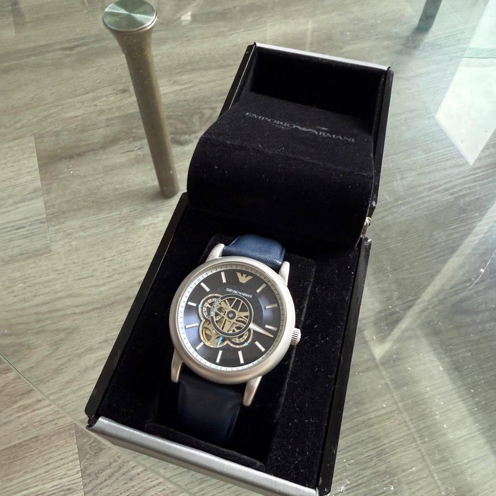 Emporio Armani Navy and Silver Skeleton Watch